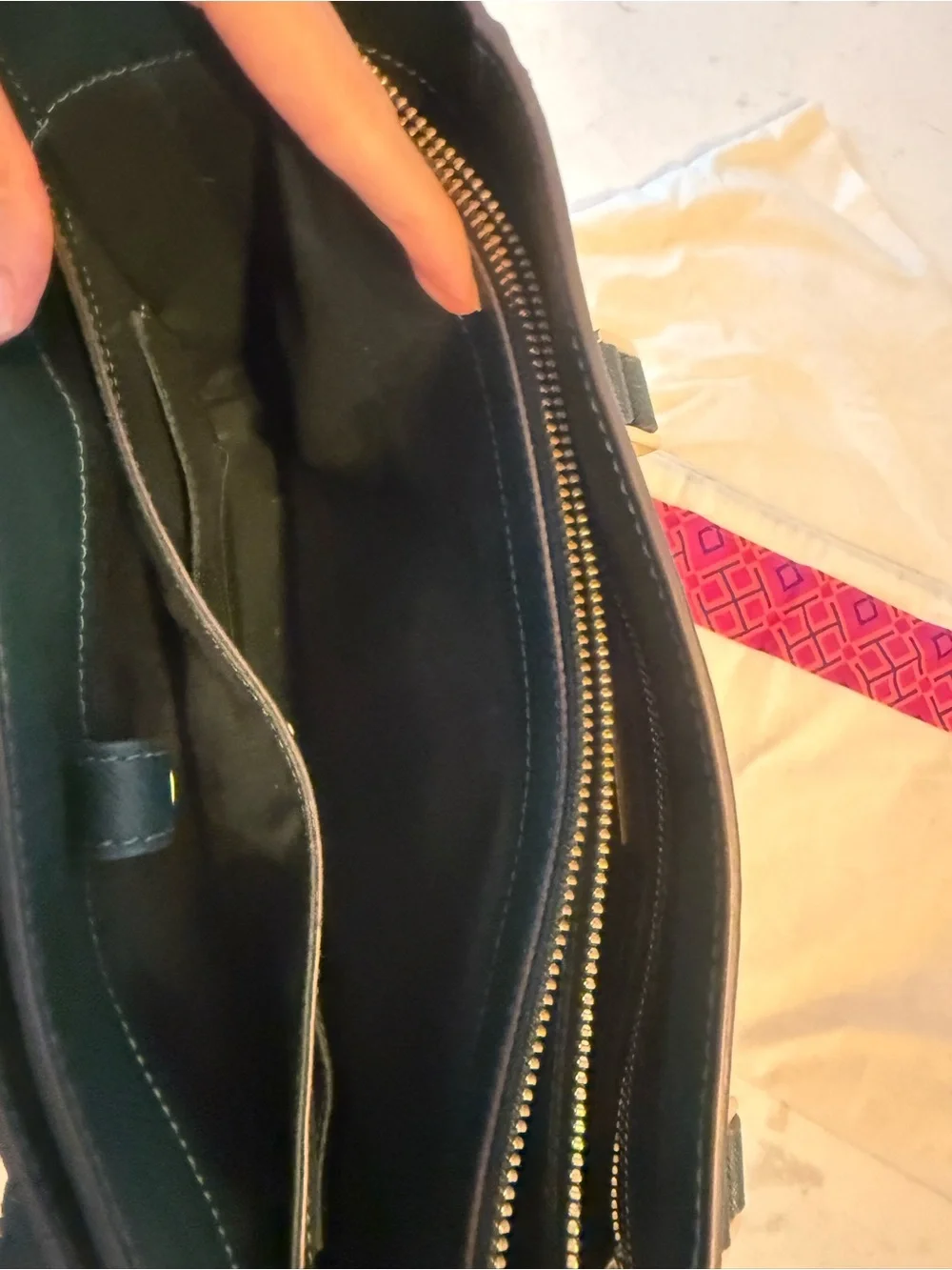 Tory Burch Deep Teal Saffiano Leather Tote with Gold Hardware